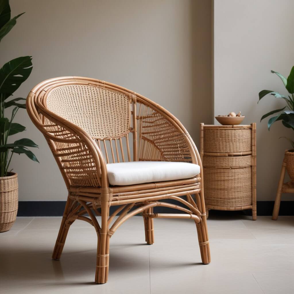 A woven rattan chair indoor