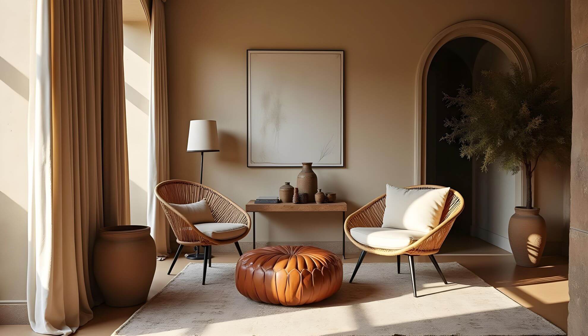 An elegant interior featuring African seating options: two woven chairs and a brown moroccan leather pouf in a seating area. Antique jars and a decorative console table complete the picture