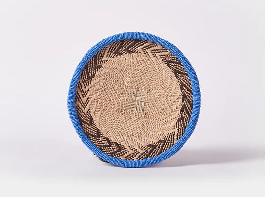 An African Wall Basket with a beaded border in solid blue