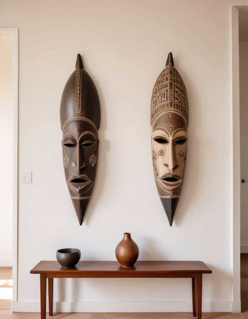 Baule masks from Ivory Coast hanged on a wall