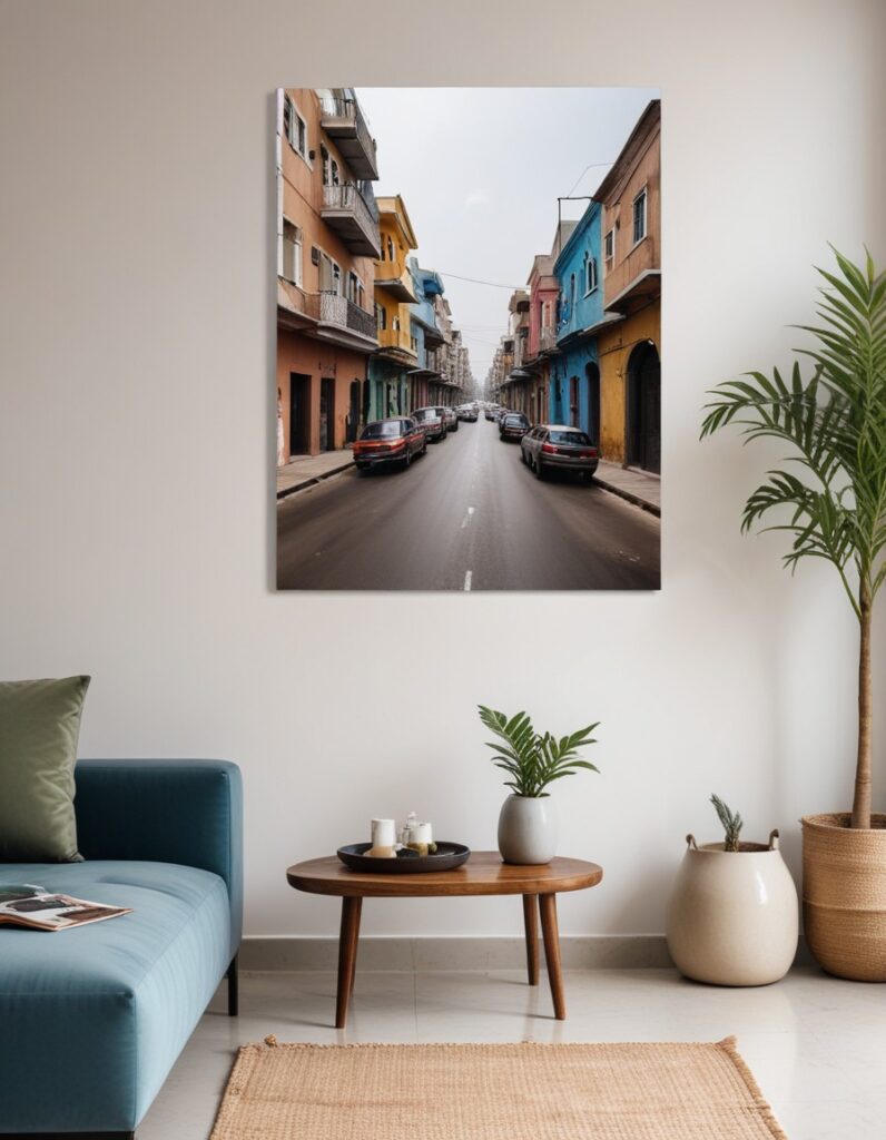 Vibrant photo of Lagos on the wall of a modern living room