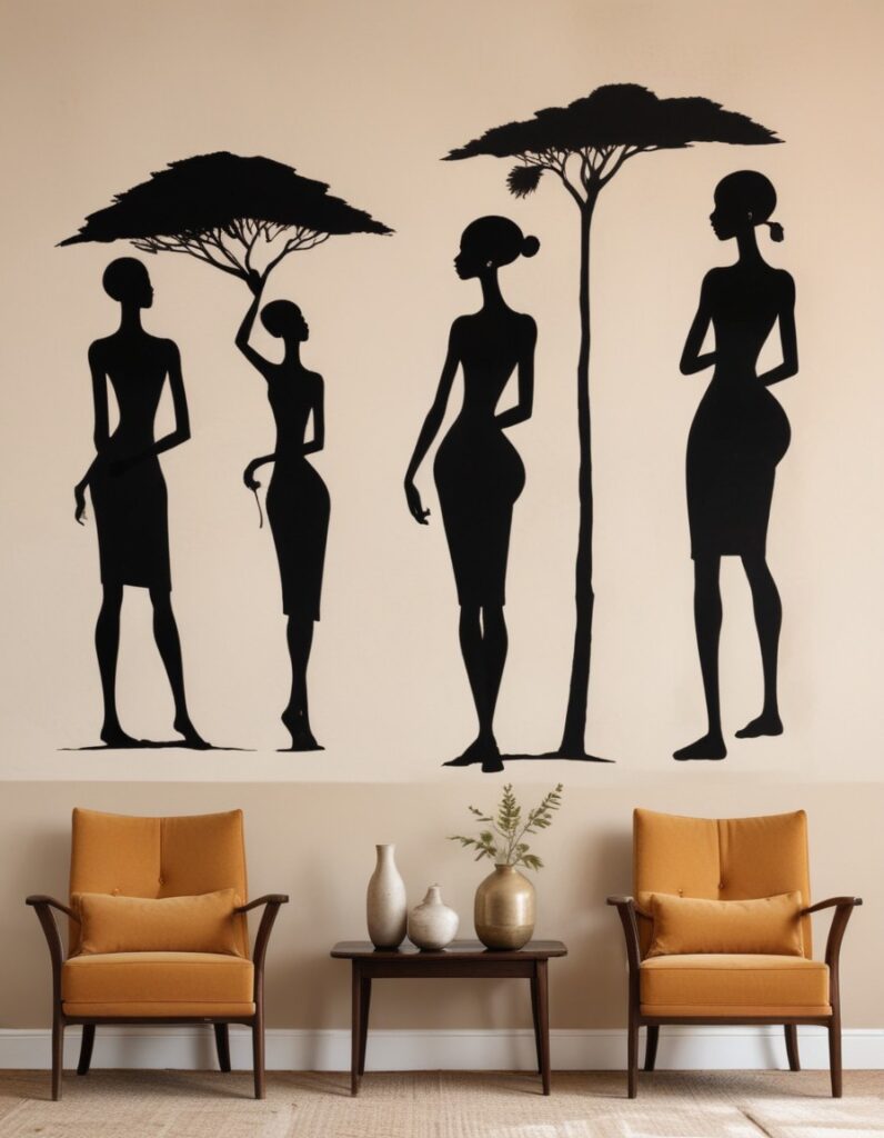 Minimalist african painting above 2 armchairs