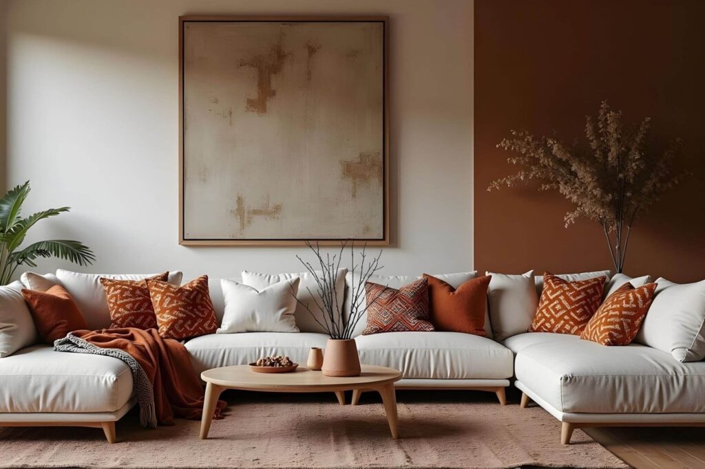 Modern living room with soft terracotta throw pillows adorned with African patterns