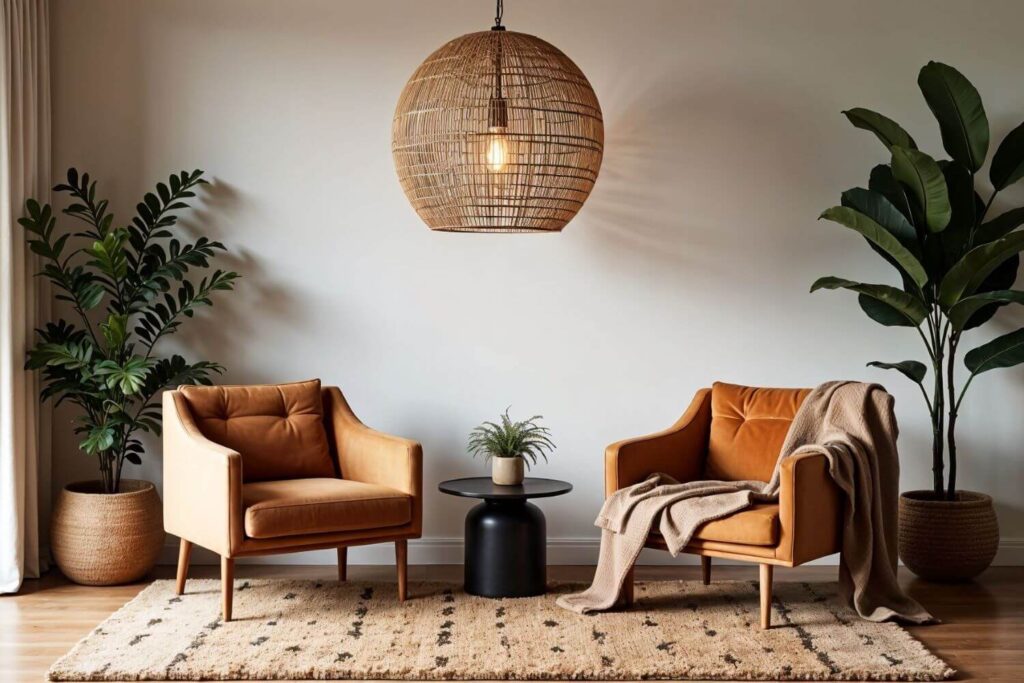 Modern African Home design - Seating room with Beautiful woven pendant lamp and two comfy earth toned armchairs. Plants in the corners of the room