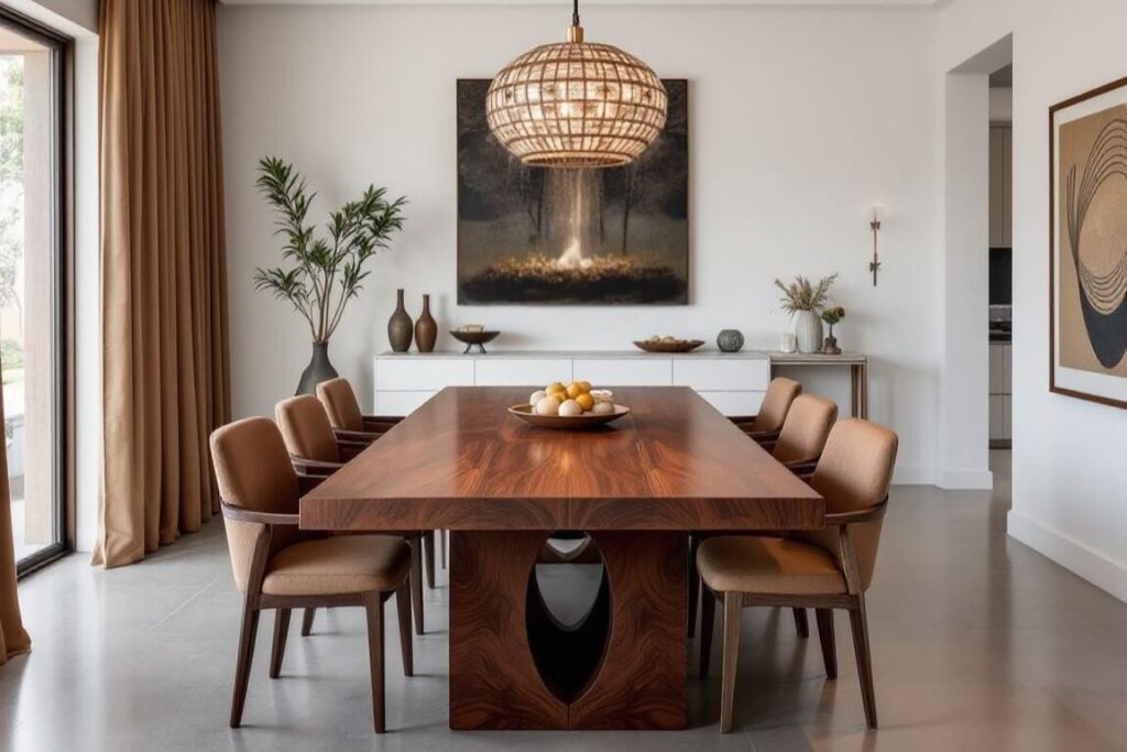 Modern African Home Design Dining room with a stunning Mahogany dining table, six comfortable chair in earth tones, a unique pendant lamp, wall art and decor items