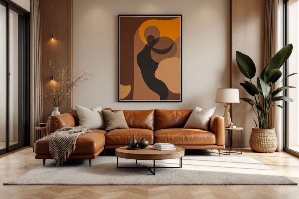 Luxury modern African living room with a plush brown leather sofa, sand and brown throw pillows and throw blanket, a round light-wood coffee table, side tables with a woven lamp and a dry arrangement, a woven planter, and a beautiful abstract painting in earth tones