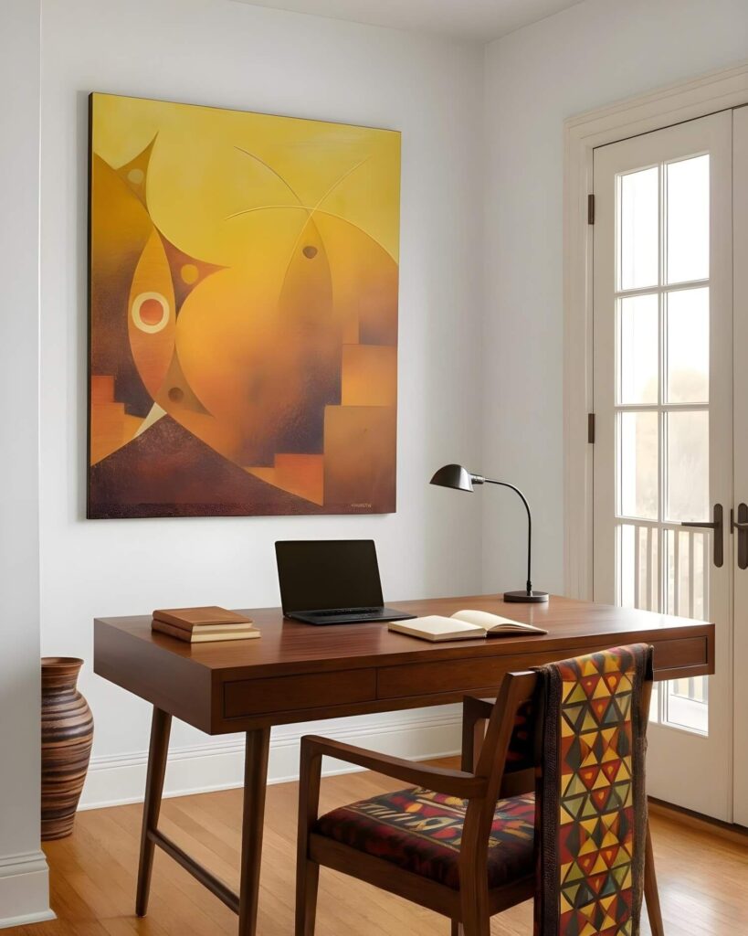 A cozy home office with a wooden desk, chair with geometric patterned upholstery, laptop, books, and lamp. A colorful abstract painting by Abdou Karim Fall hangs on the wall.