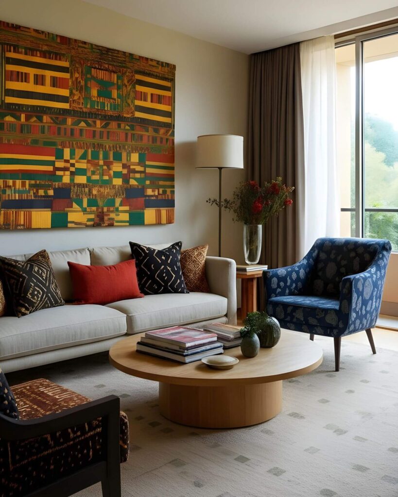 Stylish west african interior design: living room with a light gray sofa adorned with patterned cushions, a colorful abstract painting, blue armchair, and wooden coffee table.
