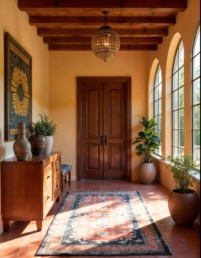 Sunlit West African hallway with wooden beams, elegant chandelier, and arched windows. A patterned rug leads to double doors, flanked by plants and a sideboard. Warm, inviting tone.