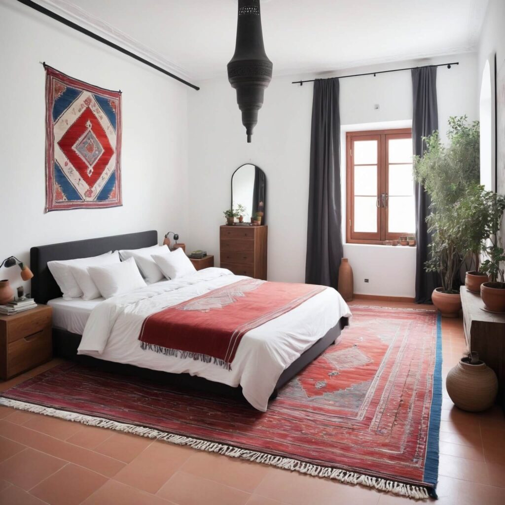 Red African rug in a beautiful modern bedroom with a California vibe