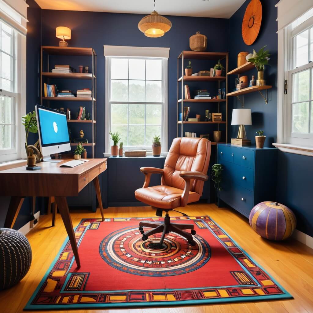 Rug with African patterns in a colorful home office