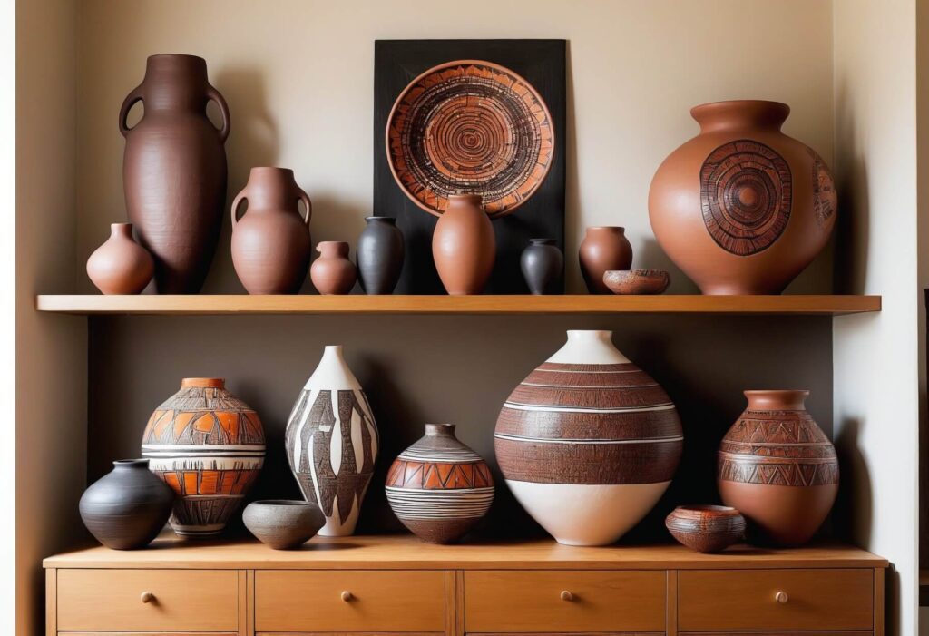 Contemporary African style ceramics on a shelf and cabinet