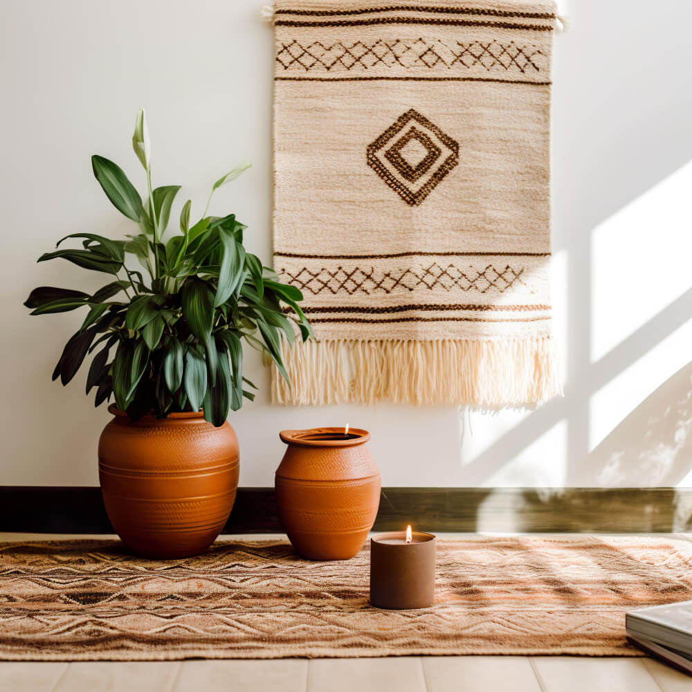 2 clay pots and a candle on an African-inspired rug