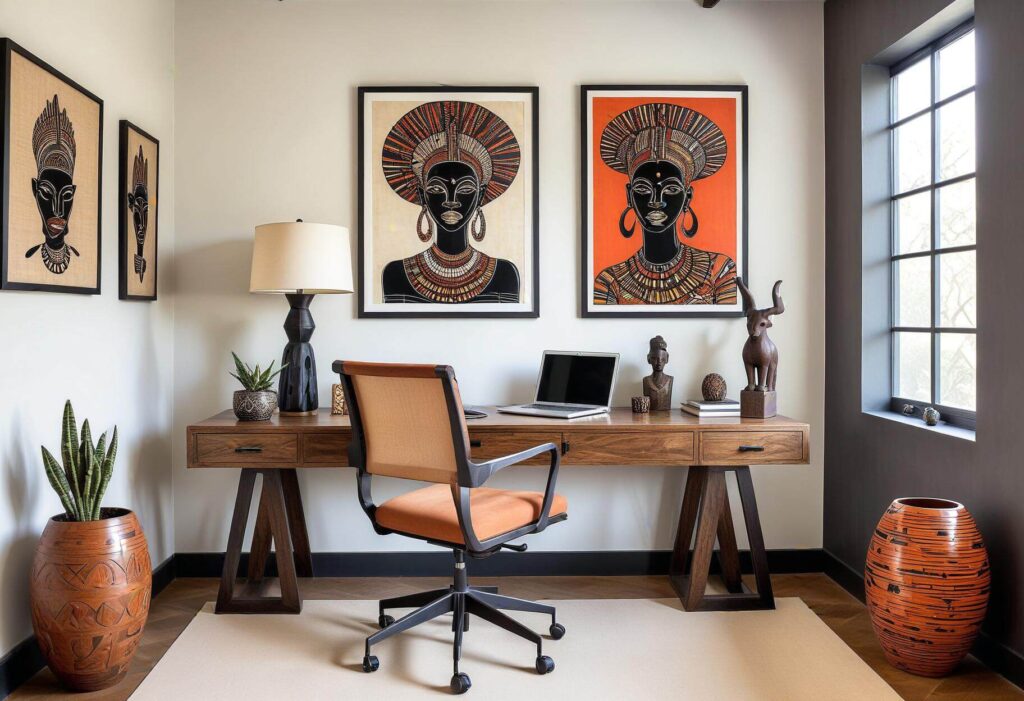 Home office decorated with vibrant and tasteful African art pieces