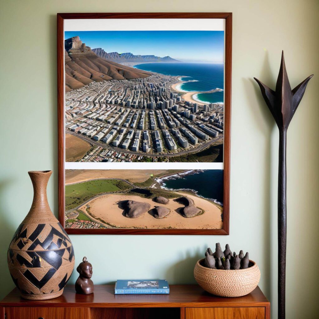 Cabinet with African art pieces on it and a photo of Cape Town on the wall behind it