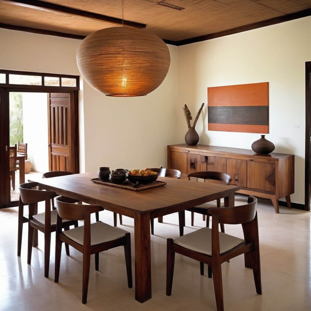 African interior design idea: modern dining room with wooden furniture