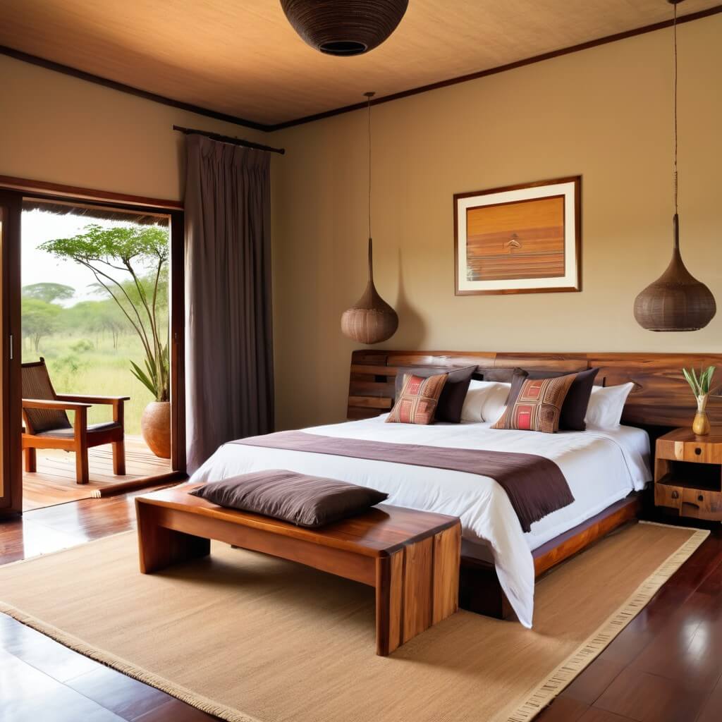 African style bedroom with a wooden bench and bed