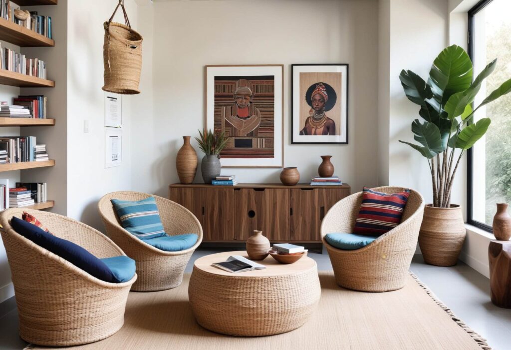 African style reading area with woven chairs and a woven table