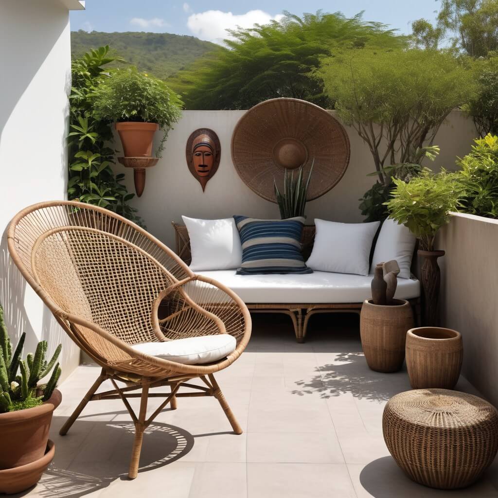 Woven chair and other art objects on an exterior terrace