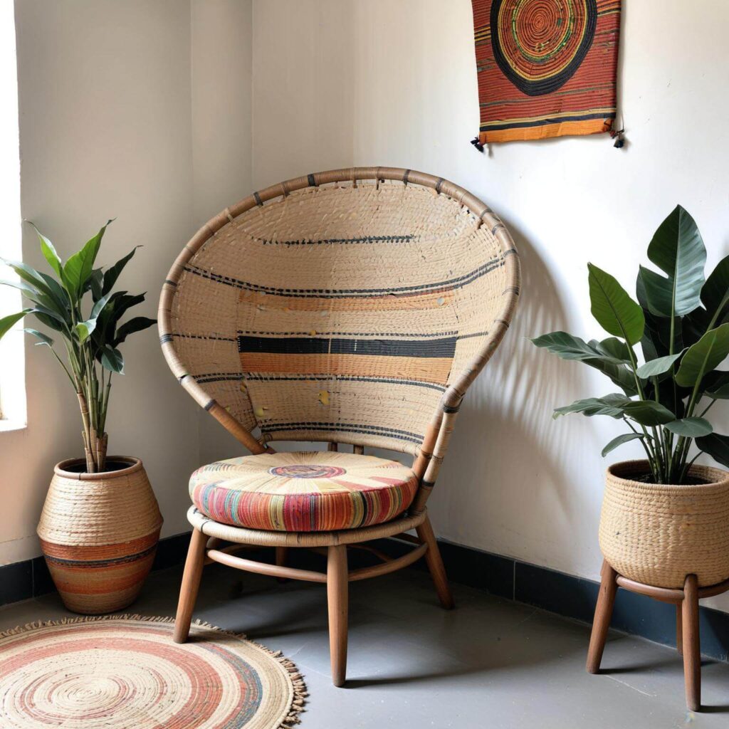 Woven chair in the corner of a room