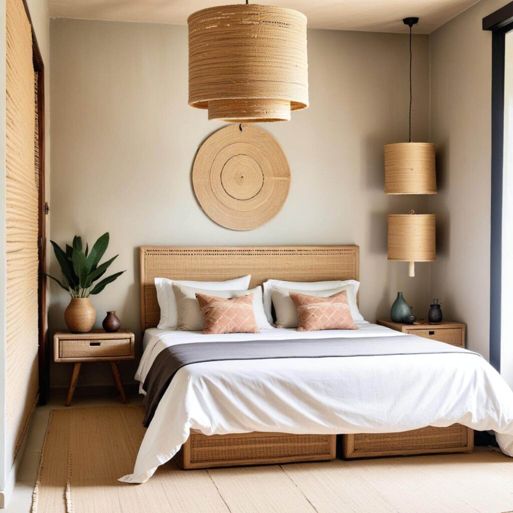 Refined bedroom with a raffia lamp and a minimalistic feel