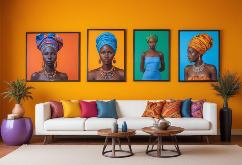 Living room with a large yellow accent wall with 4 paintings of African women painted on it