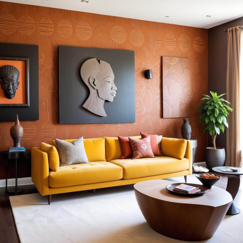 Living room with a bold accent wall with African art hanged on it