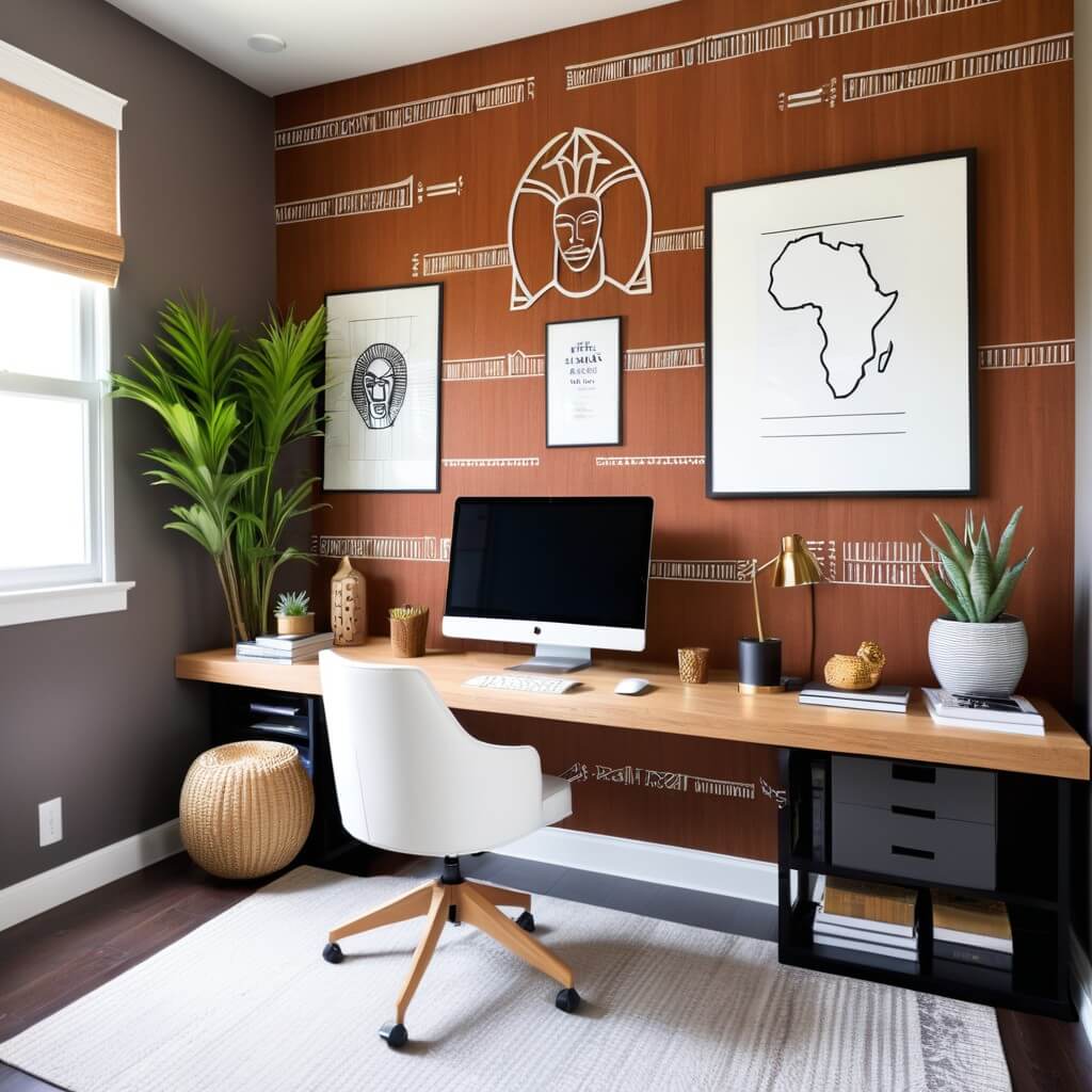 Home officce with a warm-colored accent wall and neutral African-inspired art