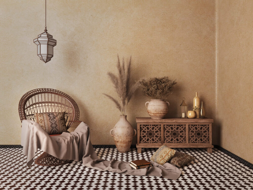 Room decorated with Moroccan decor, including a woven chair, a pendant lamp and Moroccan tiles on the floor 