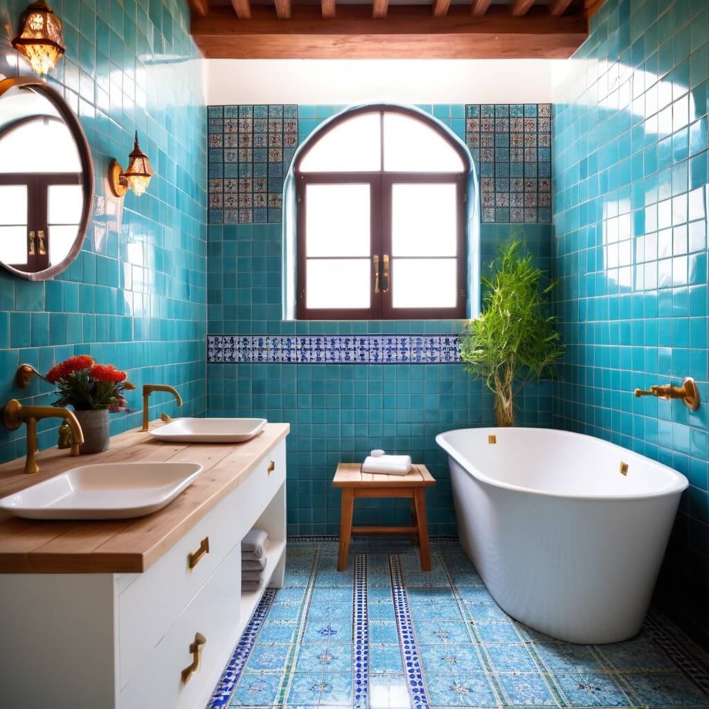 Modern bathroom with beautiful Moroccan blue tiles