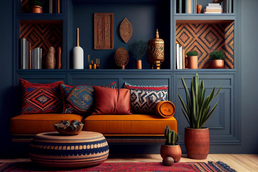 African-decorated living area with vibrant patterns