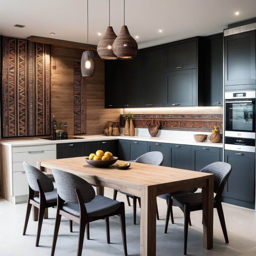 Modern dining room with walls upholstered with African patterns