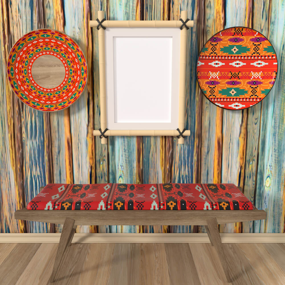 Bench and wall basket upholstered with a red African pattern