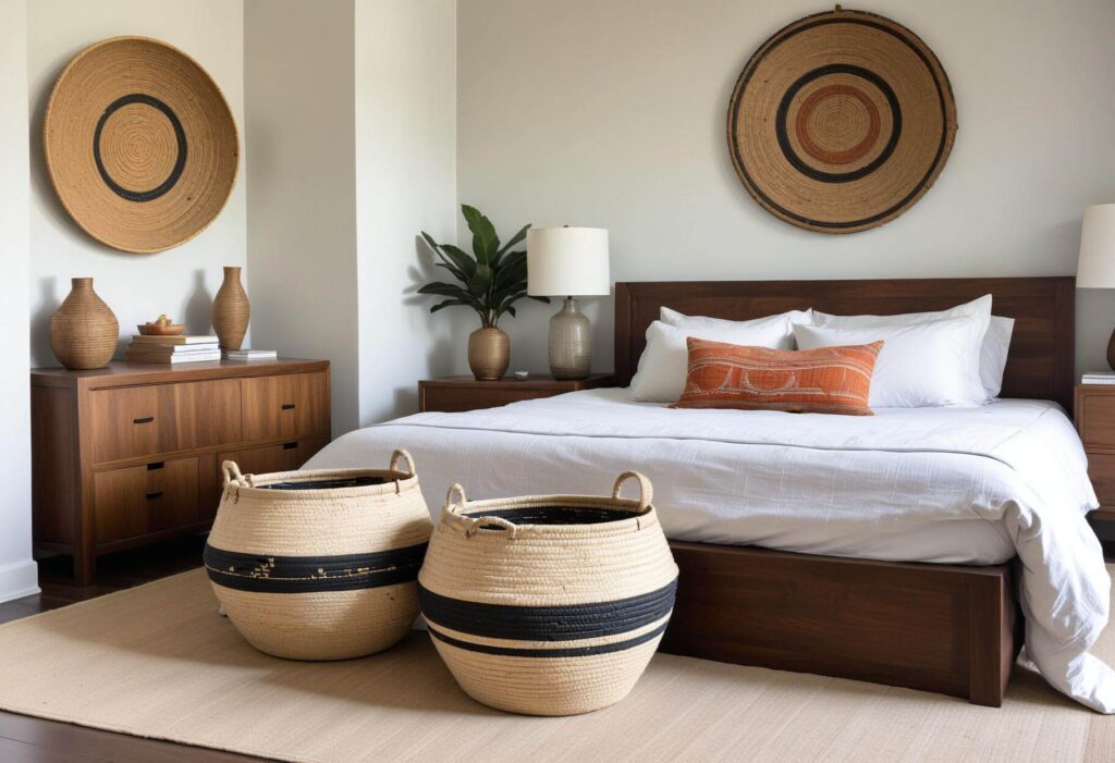 Bedroom with African wall baskets and 2 African style laundry baskets