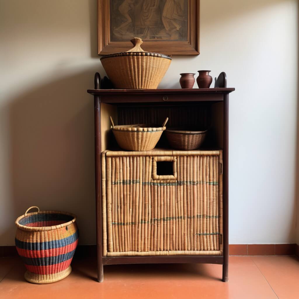 Storage cabinet in a woven style with additional storage baskets on it