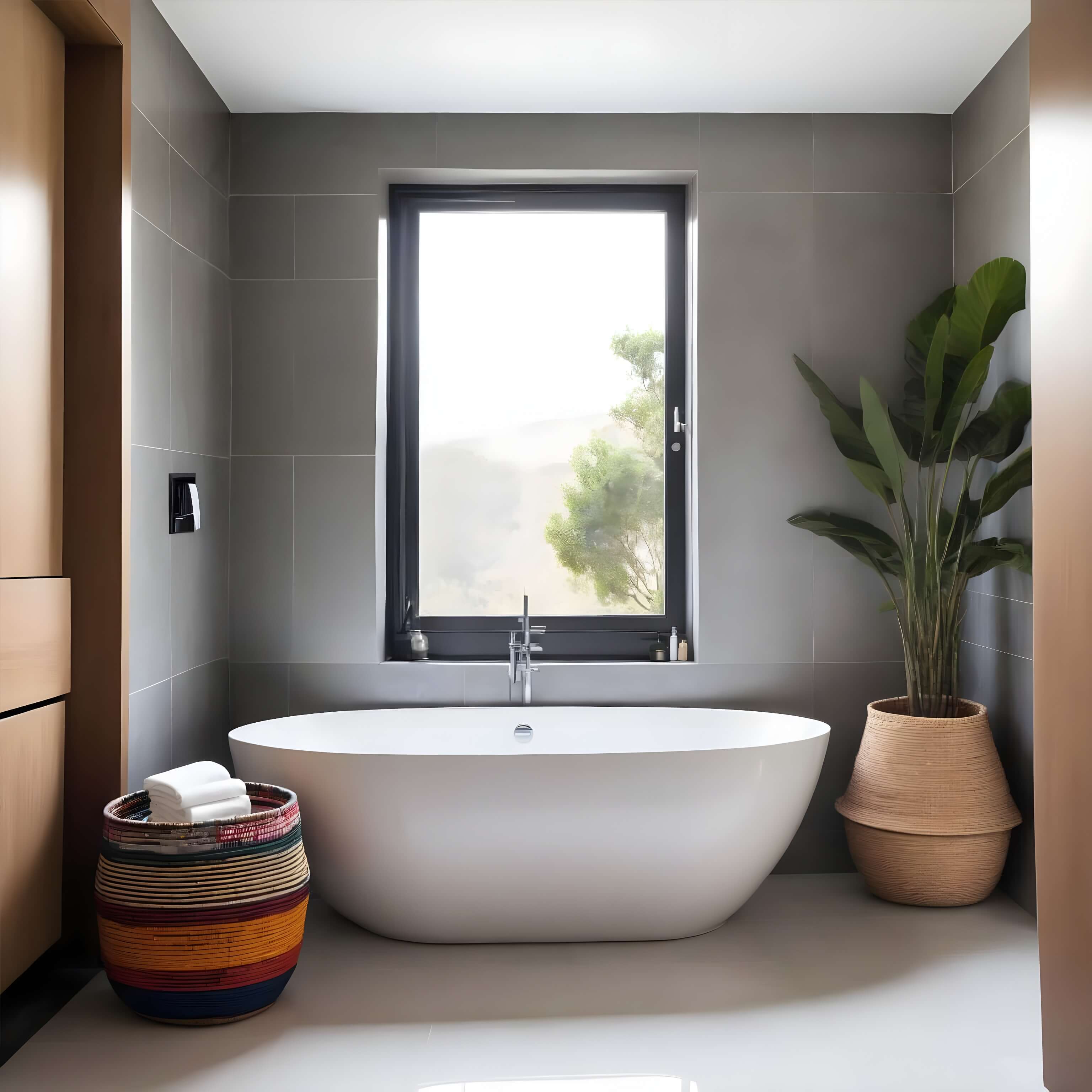 Bathroom with a bathtub and an African Style Laundry basket