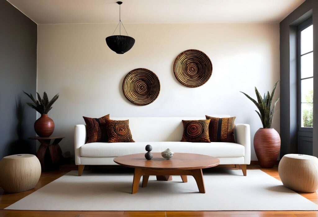 Modern living room decorated with African wall baskets