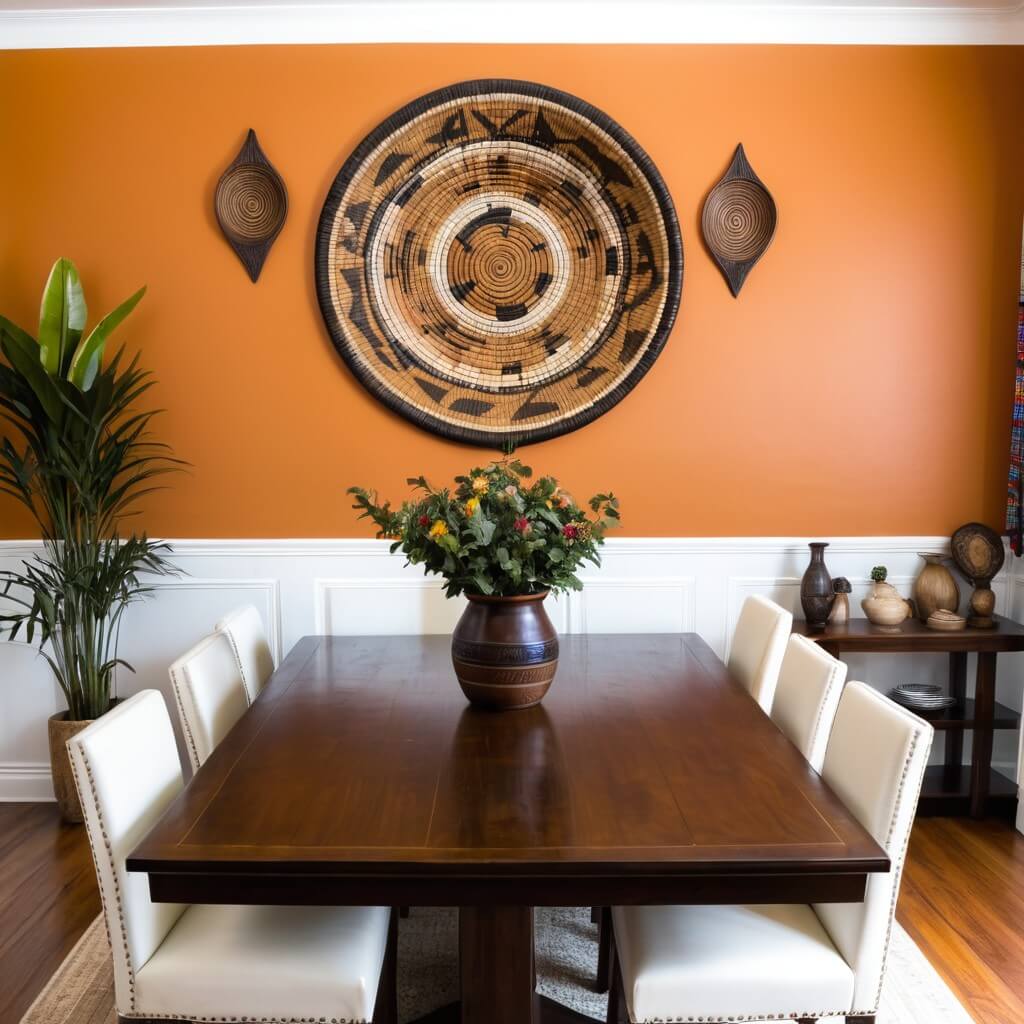 Dining room with a bold accent wall and an African Wall basket on it