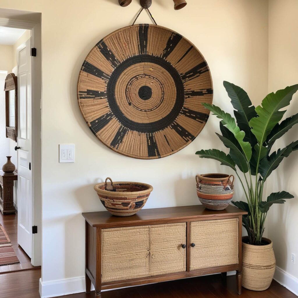 African interior design: entry way decorated in a woven style with baskets on the cabinet and on the wall