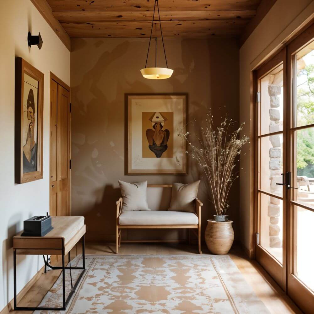 An eye-level shot shows the entryway to a house featuring rich textures, earthen tones, and natural materials. The ceiling is covered in horizontal wooden planks that give a warm, rustic feel to the space. Suspended from the center of the ceiling is a modern, minimalist pendant light with a simple, saucer-like shade. The walls are painted in a solid, muted earth tone. To the left, a framed portrait adds character to the wall. Below the portrait, there is a small bench or table with a woven seat. On the center of the wall, there is a larger framed artwork depicting a classical figure. Underneath the artwork is a small bench furnished with plain cushions. Beside the bench, a large woven vase holds tall, thin branches. To the right, a pair of French doors allows a view of outdoor greenery. The doors are framed with stonework which adds to the earthiness. A patterned, neutral-toned rug covers the wooden floor, tying the various elements of the entryway together.
