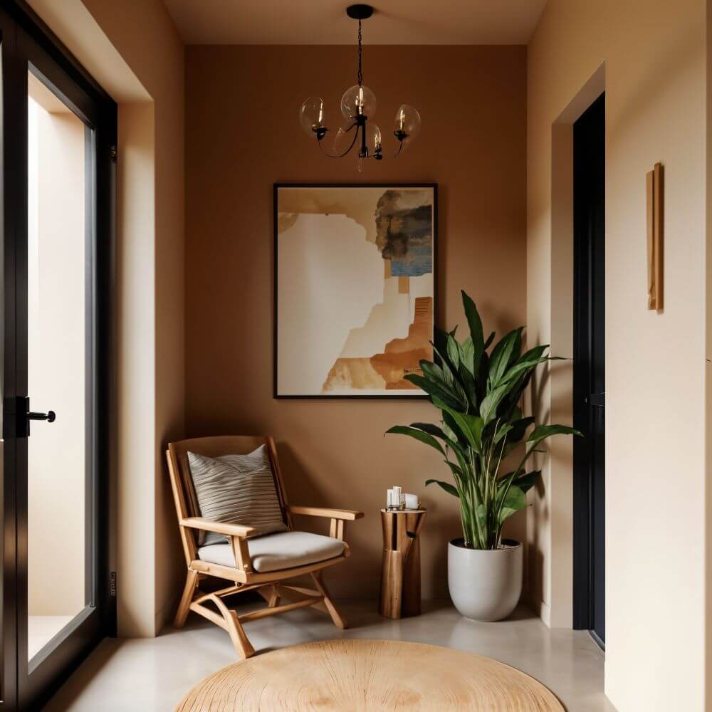 An interior shot of a foyer. The walls on the left and right are a light beige. The back wall is a medium brown. There is a doorway to the left, and a doorway to the right; both doorways are framed with black trim. In the far left corner is a light wood chair with a gray and beige pillow. To the right of the chair, against the back wall, is a thin light wood table with 3 pottery pieces on top. Next to that is a large floor plant in a neutral colored pot. Above the chair and table hangs a framed abstract picture. Above the picture hangs a chandelier with 5 globes. On the right wall, towards the top of the frame, is a copper colored, cylindrical sconce. In the foreground, a round rattan rug is visible.