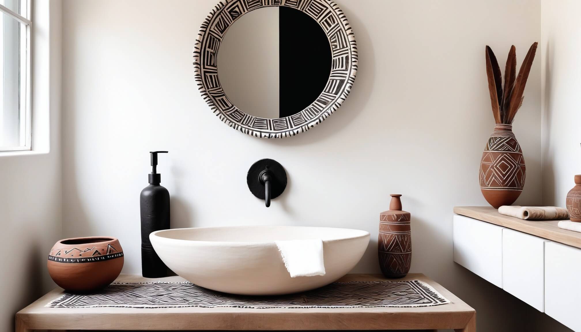 Modern bathroom with African decor including small objects and mud cloth patterns