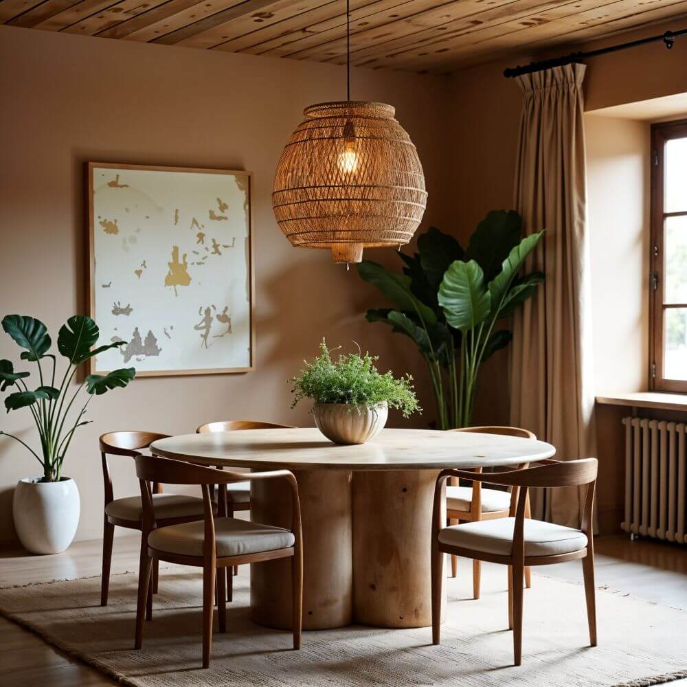 A dining room presents a harmonious blend of natural elements and modern design. At the center of the room, a round wooden table with a unique, sculpted base is surrounded by four wooden chairs, each featuring cushioned seats for added comfort. On the tabletop, a potted plant provides a touch of greenery, complementing the larger potted plant in the corner of the room. A striking woven pendant light hangs above the table, casting a warm glow on the scene. Behind the table, a framed piece of art adorns the wall, adding a touch of sophistication to the space. A window with curtains provides natural light, creating a cozy and inviting atmosphere. The room is grounded by a neutral-toned rug, which adds texture and warmth to the overall aesthetic.