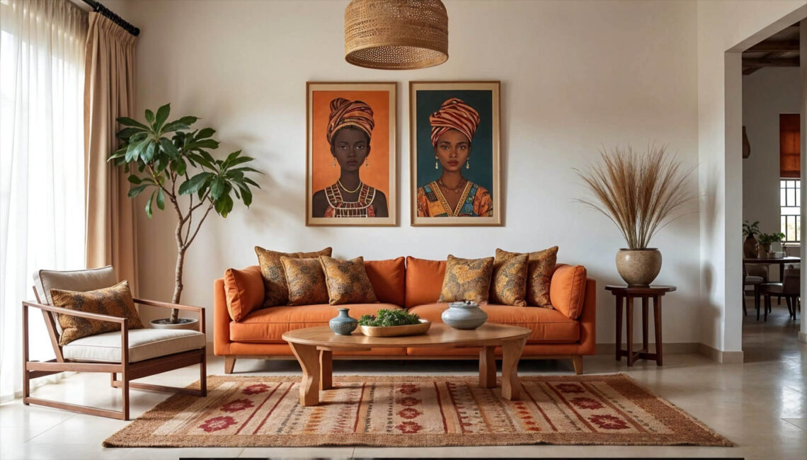 African Living room showcasing African interior design ideas including a terracotta sofa, patterned throw pillows, a rug with colorful motifs, a woven pendant lamp, a wooden armchair with cream cushions, a wooden side table with a bowl on it, a small tree and a wooden coffee table with decor items on it