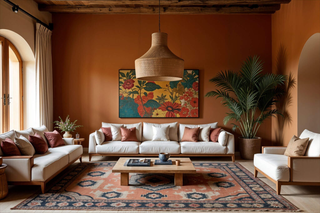 Living room showcasing African interior design with rust colored walls, white couches with rust colored pillows, and a large rug with brown, rust, and grey colors. A large handmade woven light fixture hands over the square, light wood coffee table. A large, colorful piece of art hangs behind the couch.