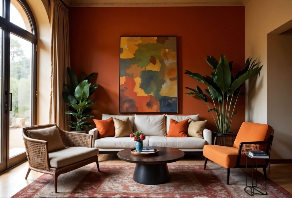 A well-lit living room space featuring clay-colored walls contrasted by light beige hues, with natural light streaming in through a large arch window on the left. A beige couch, adorned with orange and gold throw pillows, sits centered against the clay-colored wall, beneath a framed abstract painting with shades of orange, yellow, and green. A round dark-wood coffee table, topped with a blue vase and a tray with books, rests in front of the couch on an intricate reddish-patterned rug. The room is furnished with an orange mid-century style chair on the right and a wicker chair on the left that provides varied textures and seating options. Tall potted plants are placed on either side of the couch, adding a touch of nature to the room. The overall ambiance suggests a modern yet cozy living space, enhanced by the complimentary color palette and strategic use of lighting and decor.