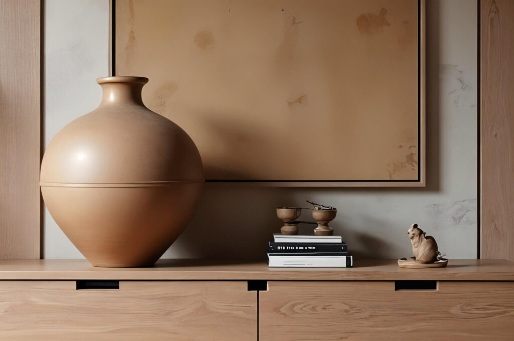 A horizontally-oriented, eye-level shot depicts a portion of a wooden bureau, styled with a beige decorative vase and other small neutral-toned accent pieces set against a light, neutral wall. The bureau features two large, flat-front drawers that make up most of the composition; the drawers have horizontal wood grain details. The hardware for opening the drawers is flush with the drawer surface, revealed as a short, dark, rectangular void. An oversized bulbous vessel anchors the bureau from the left of the composition. Its simple shape and matte beige color draw the viewer's eye, and a thin, horizontal line circles it at the top of the base section. To the right, stacked books and a pair of small, stemmed wooden bowls, partially-filled with dried flora, add visual intrigue. A tiny sculpture of what appears to be a small bird sits on the right side of the bureau, facing forward. Behind the bureau sits a textured wall in a neutral tone, adding subtle depth to the background. A section of what appears to be a painting is also present as a very large square hung on the wall, featuring a broad beige surface with a simple, dark outline. To the right of the painting, another plain wooden panel can be seen. The general color palette throughout the image is soft and natural, promoting a sense of calm minimalism.