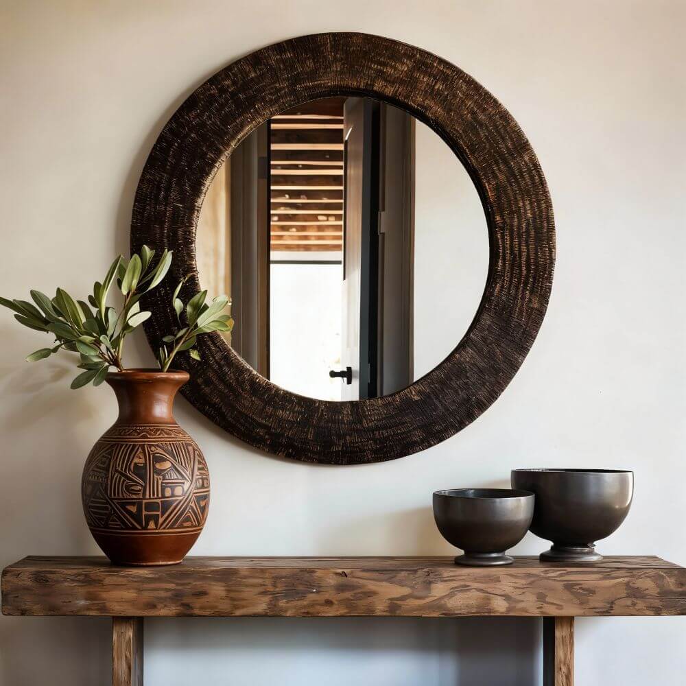 A decorative vignette against a light gray wall features a textured wicker round mirror above a rustic wooden console table. A faux distressed pottery vase with greenery sits to the left of the table. Two bronze-colored decorative bowls sit to the right. The mirror reflects a doorway with horizontal window blinds.