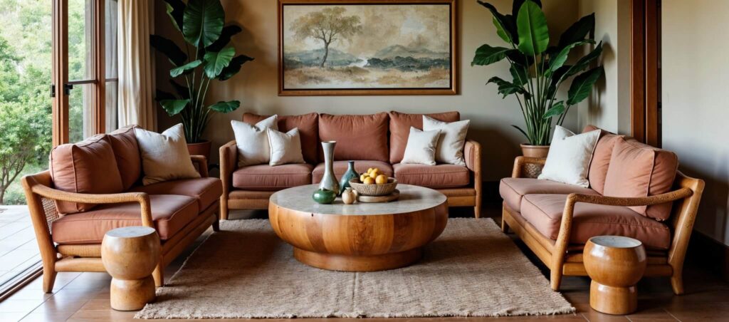 African living area with organic wooden funiture including three wooden couches with pink cushions and white throw pillows, a large circular wooden coffee table and two circular wooden side tables