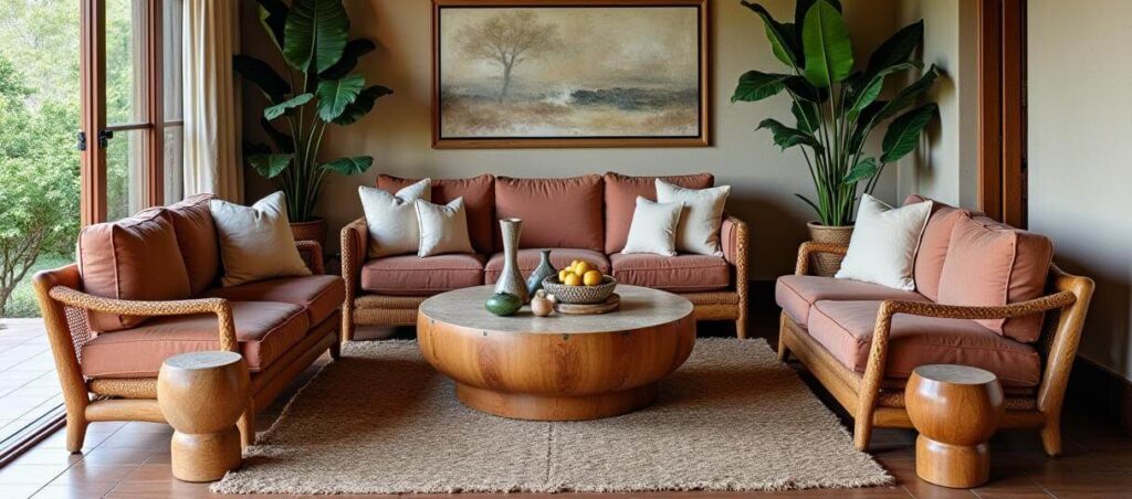 African living area with organic wooden funiture including three wooden couches with pink cushions and white throw pillows, a large circular wooden coffee table and two circular wooden side tables